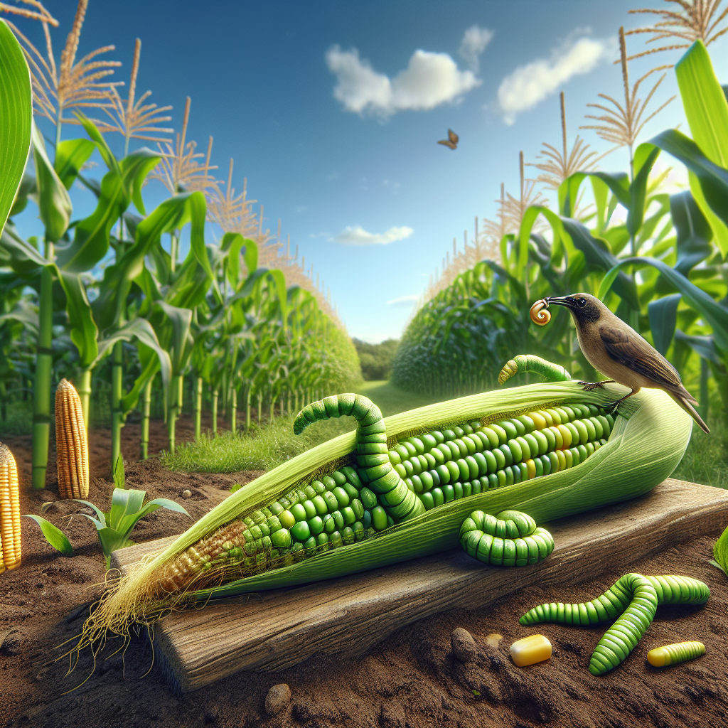 Visualize a garden scene focused on sweet corn fields with an emphasis on a safe, non-chemical method to stop corn earworms. Show a close up of a green corn ear, with the husk partially peeled back to reveal the fresh kernels. On the adjacent plant, depict a natural predator of the corn earworm, such as a small bird perched, pecking at an earworm. No humans, text, or brand logos should be included in the image.