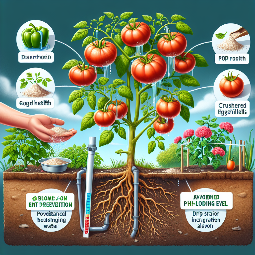 An illustrative image representing the prevention of blossom-end rot in tomatoes and peppers. The main focus of the image should be a healthy tomato and pepper plant, with large, juicy fruits hanging from their branches, evoking the idea of good health and proper care. There should also be visuals indicating the disease prevention methods: a hand spreading crushed eggshells near the plant's root, a drip irrigation system providing ample water but avoiding water-logging, and a balanced pH level indicated by a pH strip. The setting should be an organic garden with various vegetables, but no people or text.