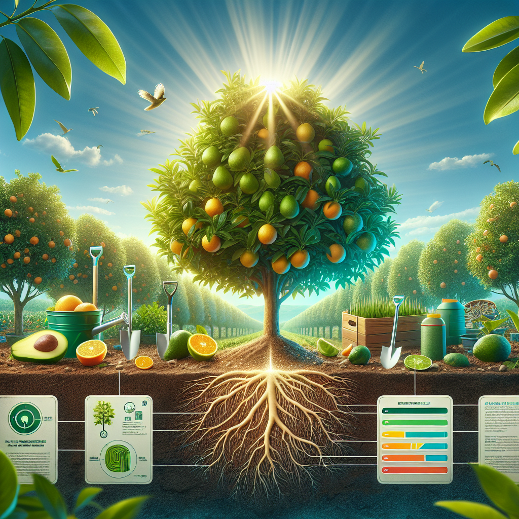 A refreshing scene of an orchard filled with bright green avocado and citrus trees bathed in sunlight. At the ground level, various tools like a shovel, a watering can, and organic fertilisers are scattered, symbolising the fight against root rot disease. The background displays a clear blue sky as the rays of sun filter through the lush trees. An infographic displaying a cross-section of a healthy root system underneath the soil can also be visible. There are no human figures or brand logos.