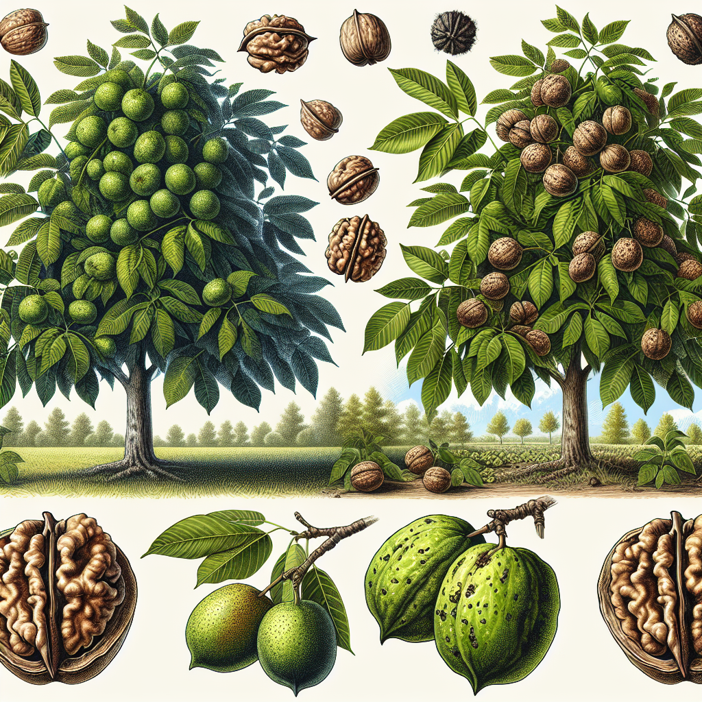 A detailed and elaborate illustration presenting the culture of walnut trees. Showcase the clear visual differences between a healthy tree and one affected by blight, showing off the glossy, dark green leaves on the healthy tree. Have the tree affected by blight demonstrate the yellowing leaves and dark spots indicative of illness. Feature some close-ups of the walnuts themselves, contrasting the plump, robust walnuts from the healthy tree, with shrivelled, discoloured nuts from the blighted tree. Ensure that the surroundings are typical of an orchard setting, with plenty of greenery and the sky visible above.