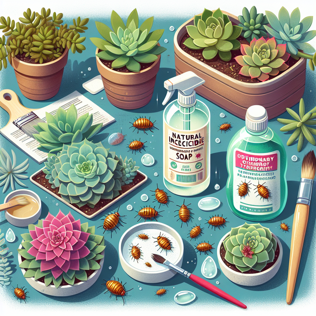 An image showcasing various eco-friendly solutions for treating mealybugs on succulents. The visual should include a number of healthy succulents and some infested with mealybugs. Nearby, depict a bottle of natural insecticidal soap, a small bowl of ordinary household detergent diluted with water, and a paintbrush to clean the plant, emphasizing their use in dealing with the pest. The image should be vividly colored, clear and fit for an article about gardening. Be sure not to include any text or brand logos within the image.