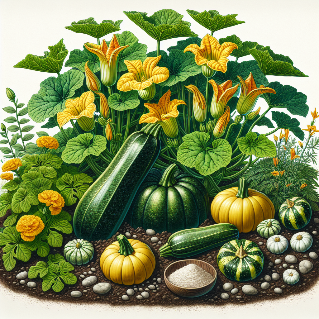 A detailed depiction of a vibrant and healthy zucchini and squash garden, signifying organic farming. Show squash plants with lush green leaves and yellow flowers alongside fully grown zucchinis. Let the garden be partially encircled by a natural barrier made of marigold and nasturtium flowers, known to deter squash bugs, illustrating physical protection against these pests. Also, show a few scattered diatomaceous earth particles on the soil around the plants, another organic and non-branded method to guard against the bugs. Remember, no text, brand names, logos, or humans to be included in this depiction.