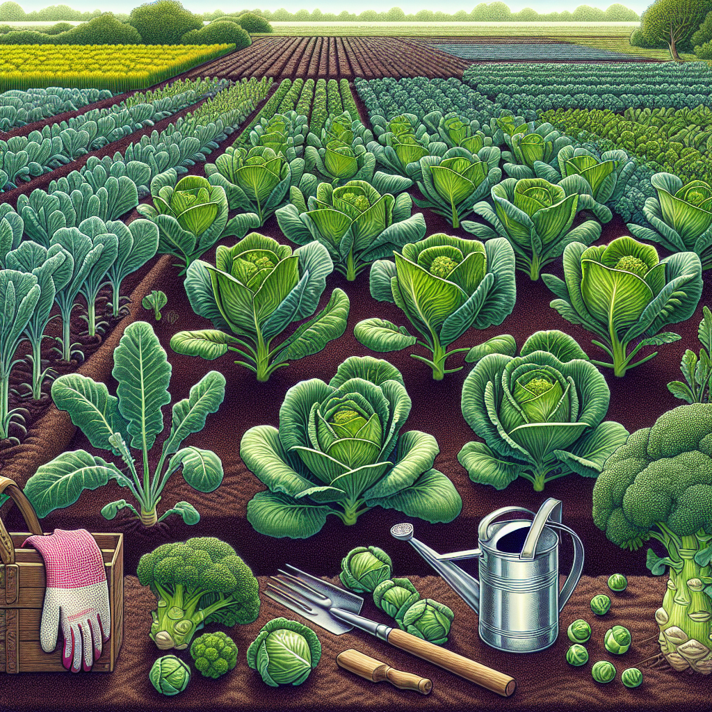 A detailed illustration focused on the prevention of club root in brassicas. The image portrays a lush garden, with rows of healthy, vibrant brassica plants such as cabbage, broccoli, kale, and brussels sprouts. There's no sign of the disease, showcasing the effect of successful prevention methods. Garden tools typically used for prevention, like a watering can and gloves, are seen by the side. These items are generic and have no brand names or logos. The soil appears well-aerated and treated, representing the common measures taken to prevent club root. No people are depicted in this image.