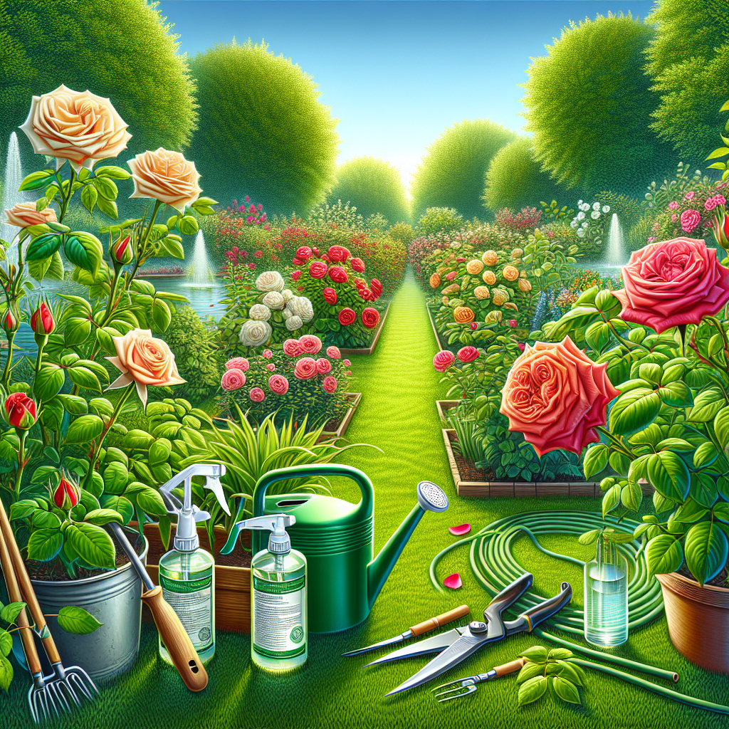A lush green garden with a diverse array of bright, healthy roses in various stages of bloom. These roses show no evident signs of disease, showcasing the effective control of rose rust. The image also depicts a few non-invasive garden tools such as pruning shears, a watering can, and an unbranded spray bottle containing a natural solution. It's a sunny day with a blue sky. The scene is tranquil and provides an overall sense of the diligent care put into maintaining the garden's beauty, allowing the roses to flourish without disturbances.