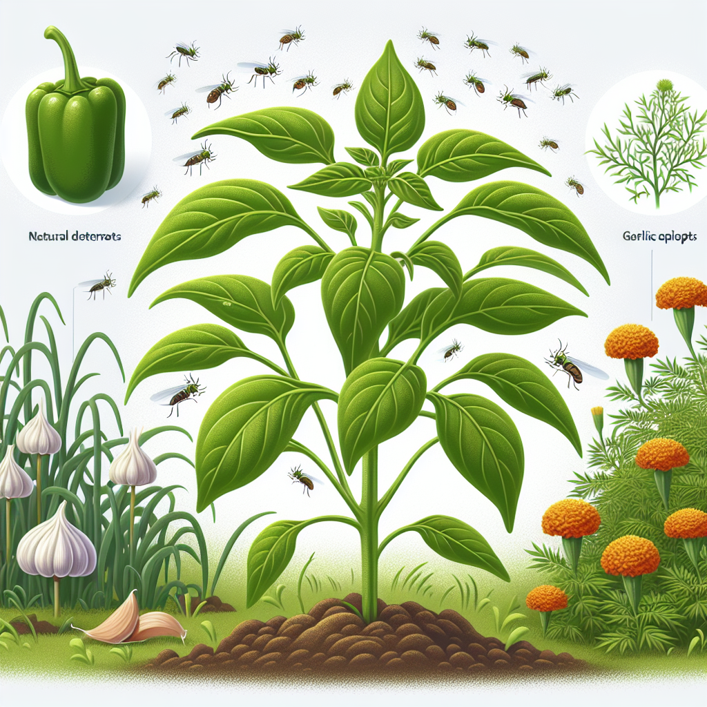 An informative image showing a healthy green pepper plant thriving in a garden, devoid of any people. Around it are natural deterrents such as garlic plants and marigold flowers, commonly known to deter aphids. Also depict some aphids moving away from the pepper plant towards the edge of the image. Only natural elements are depicted, with no logotypes, brand names, or text of any kind featured in the scene.