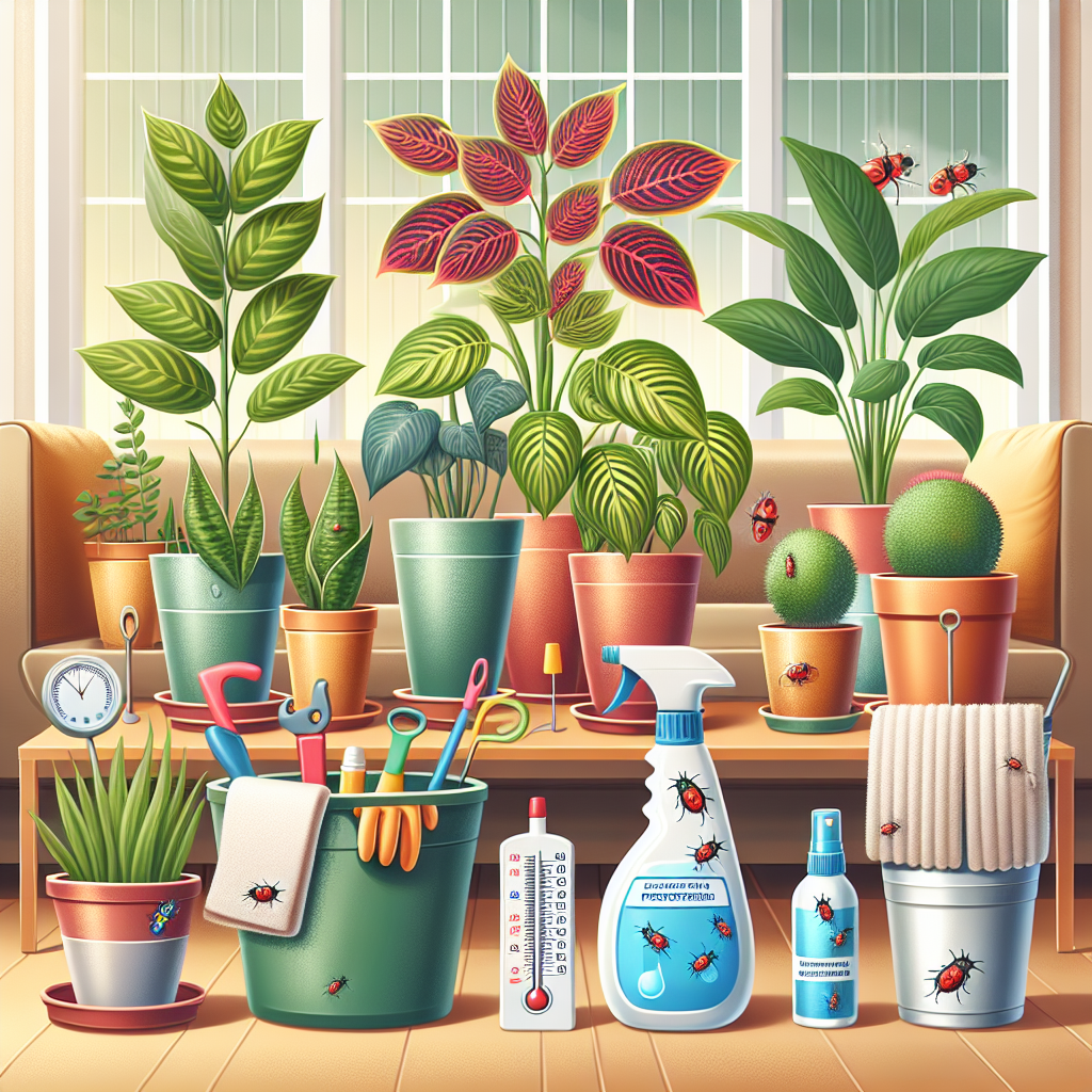 An image showing several houseplants free from scale insects. They are vibrant and in optimal health. There are also a few preventative measures depicted: a spray bottle with insecticidal soap, a soft cloth for physically removing pests, and a small watering can for proper watering. Additionally, there is a thermometer and a humidity gauge for maintaining optimal temperature and humidity levels. The scene is set in a domestic location that suggests a standard living room or sunroom, with ample natural light enhancing the health of the plants.