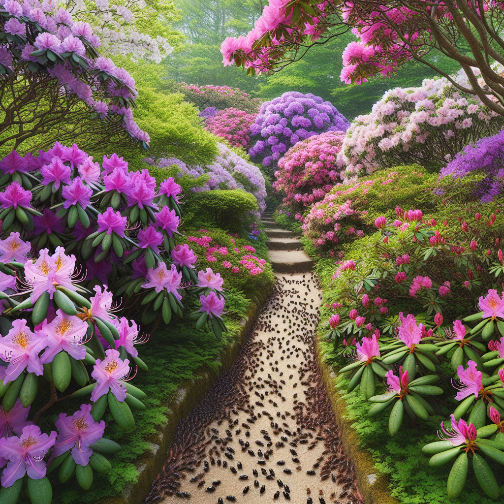 A beautifully blooming patch of Rhododendrons and Azaleas in a lush garden. Narrow paths snake through the vibrant mix of purple, pink and white flowers. A few pesky Vine Weevils trying unsuccessfully to infest, are repelled by natural methods, perhaps a bird pecking at them, or crushed egg shells scattered around the plants. There are no human figures to be seen in the image. The image is crisp and clear, free from any text, brand names, or logos, adhering strictly to the given requirements.