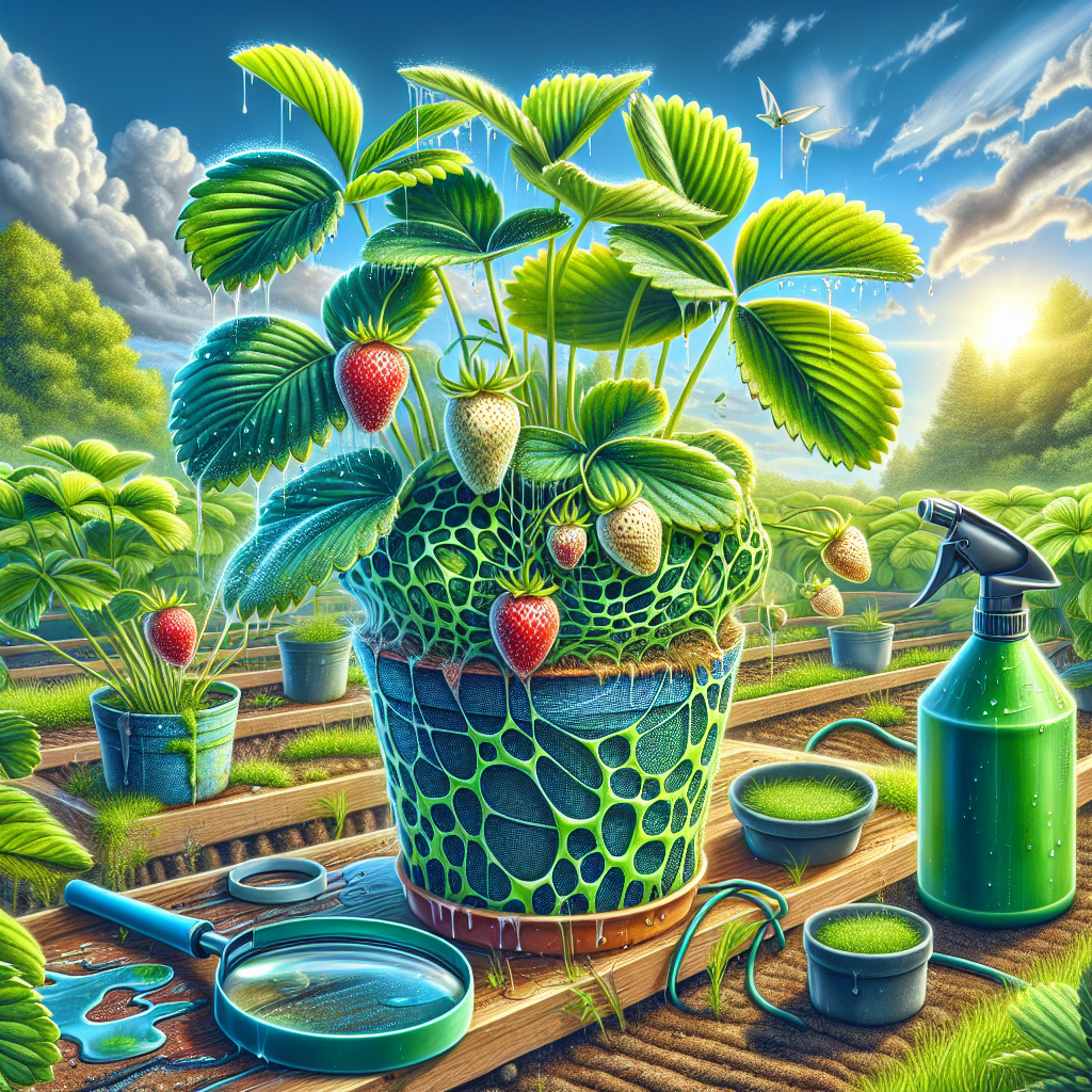 Create a vibrant image showcasing a few large, lush strawberry plants in a fertile garden. There are a variety of preventative measures taken against gray mold. This includes an organic fungicide sprayer nearby and a series of green-blue netting encasing the plant, with small openings for air and sunlight. The sky above is crystal clear, a sign of perfect weather and great for gardening. Rain droplets rest on the leaves, reflecting the sun's light. There's a detailed magnifying glass leaning against a pot, symbolising close inspection for potential threats. No human presence is observed.