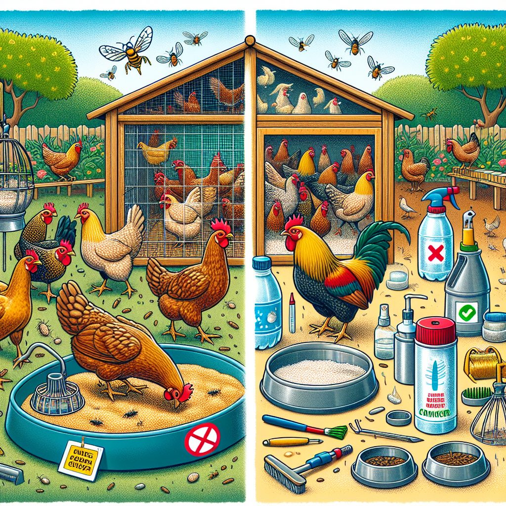 Illustrate an educational scene focusing on safety measures for chickens against chicken mites without any human characters, text, or brand names. Picture this: An area is divided into two parts. On one side, there's a chicken coop full of healthy, vibrant-colored chickens pecking food from a clean feeder and drinking clear water. Their feathers shine, and they strut about, giving off a sense of overall health. On the other side, visualize practical tools commonly used to keep chicken mites at bay, such as dust bath filled with diatomaceous earth and coop sprayed with a natural mite-repellent solution, all neatly organized and presented. Please ensure there are no logos, brand names or humans in this image.