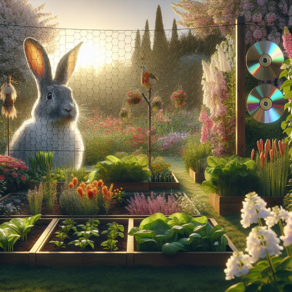 A serene springtime garden is brimming with various types of blooming plants and vegetables, bathed in a soft, early morning light. Near the garden's perimeter, a floppy-eared rabbit looks on, separated from the garden by a chicken-wire fence. Other deterrent methods are visible like a scarecrow on the side and a series of hanging CDs reflecting the sunlight, making the garden a no-go zone for rabbits. Besides, there's a raised garden bed with a protective cover, ensuring safety from the rabbits. Though vibrant and appealing, the entire scene does not feature any humans, text, brand names or logos.