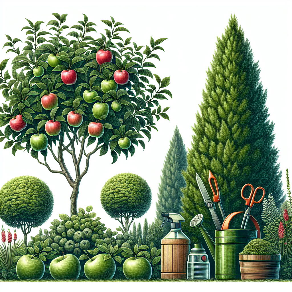 Create a botanical, detailed image depicting an apple tree and a juniper bush side by side. Show the apple tree vibrant and laden with healthy fruits while the juniper bush sports round, healthy green berries. In between the two plants, illustrate garden equipment such as scissors, a spray bottle, and a watering can, representing the preventive care to control Cedar-Apple Rust. The setting should be in a lush, well-maintained garden with no brandings or logos present.
