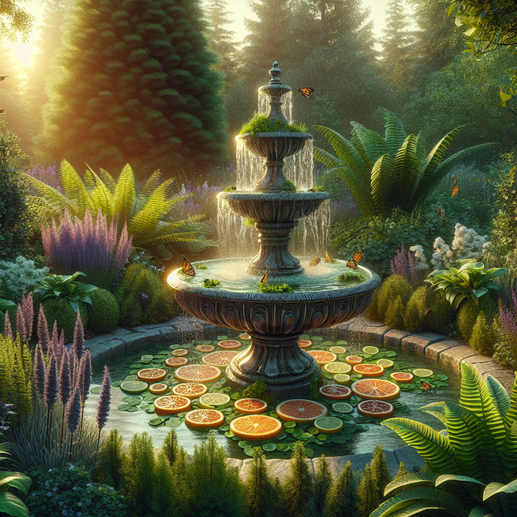 It's an enlightening scene of a lush, verdant garden during the sunset. In the center, there's an old-fashioned, ornate water fountain with crystal clear water sprouting high and splashing into the pond beneath. Various botanical plants like ferns, hostas, and marigolds surround the water feature, providing a welcoming habitat for beneficial insects. Within the fountain and pond, there are floating citrus slices which serve as natural mosquito deterrents. Nearby, a lavender plant is in full bloom, further strengthening the garden's resistance against mosquitoes. Please note, there are no people, brand names, logos, or text in this depiction.