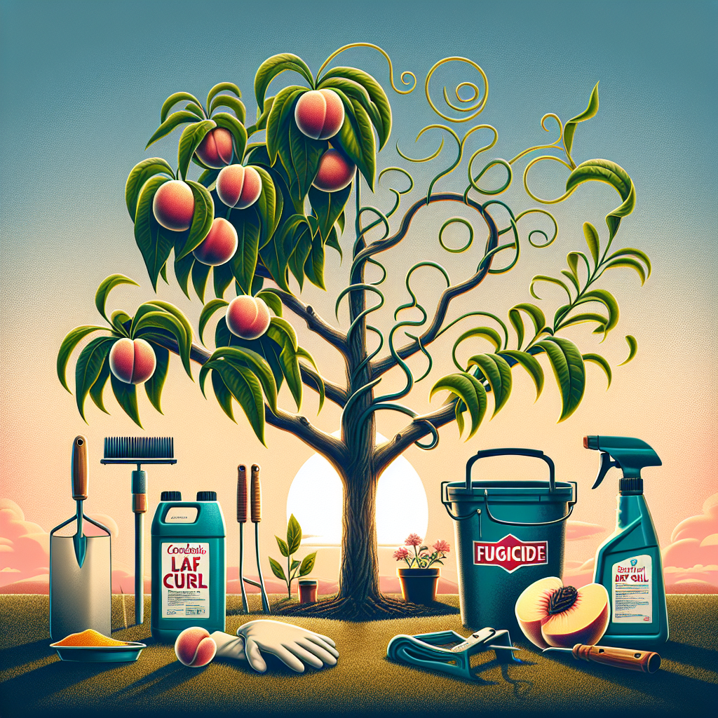 An image illustrating the concept of combating leaf curl in peach trees. The image features a healthy peach tree to the left, plump and full of foliage. To the right, there's an affected peach tree with curled leaves showing clear signs of distress. In the middle, there are various unbranded gardening tools indicative of the curing process like a general-purpose sprayer, non-specific fungicide container, and a pair of clean gardening gloves. The sky is clear with a hint of a setting sun in the background. No text, logos, or people are present.
