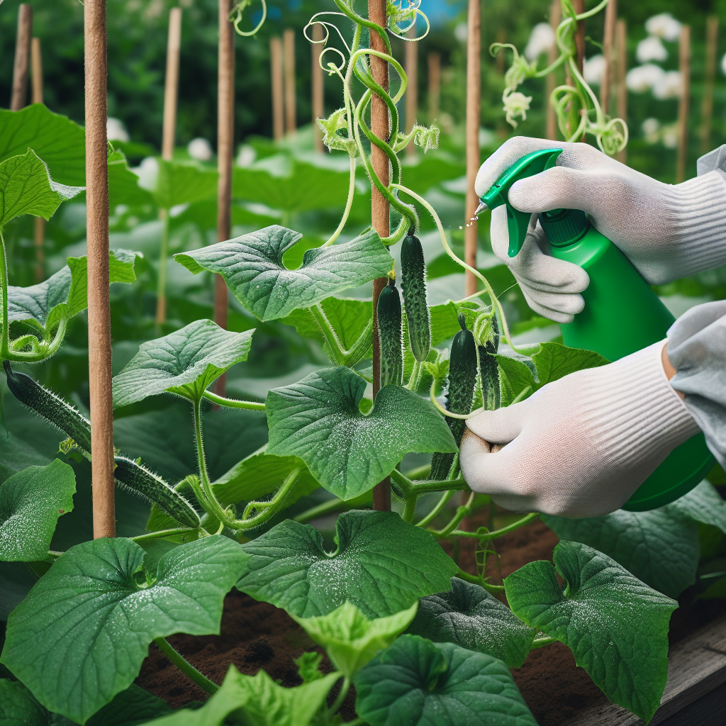 An image showcasing a verdant garden filled with healthy cucumber plants, their tendrils twisting around and climbing up wooden stakes. In the forefront, a pair of gloved hands are visible, carefully applying an organic pesticide on the plants, protecting them from damage. Close-up views of the plants reveal no signs of bacterial wilt; the leaves are bright green and vibrant, not wilted or discolored. The image does not feature any people or any brand logos or names, emphasizing only the diligent care required for cucumber cultivation and maintenance.
