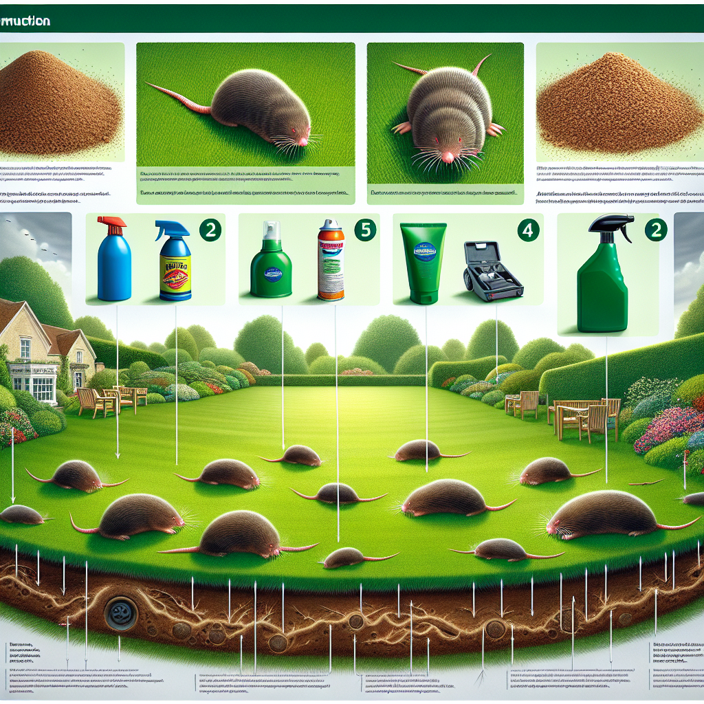 An instruction-focused landscape of a meticulous garden with a lush, vibrant green lawn. Within the scenery, some molehills are seen scattered sporadically. Primary instructional elements include a variety of non-branded mole repellents, characterized by granules, sprays, and mechanical devices. A detailed cross-section shows the subterranean runways of the moles, the intrusion visibly disturbing the serene, grass-covered surface. Auxiliary elements to assist viewer's understanding include arrows indicating the proper usage of each repellent. Avoiding human presence and text altogether, the illustration utilizes visual forms of communication comprehensively.