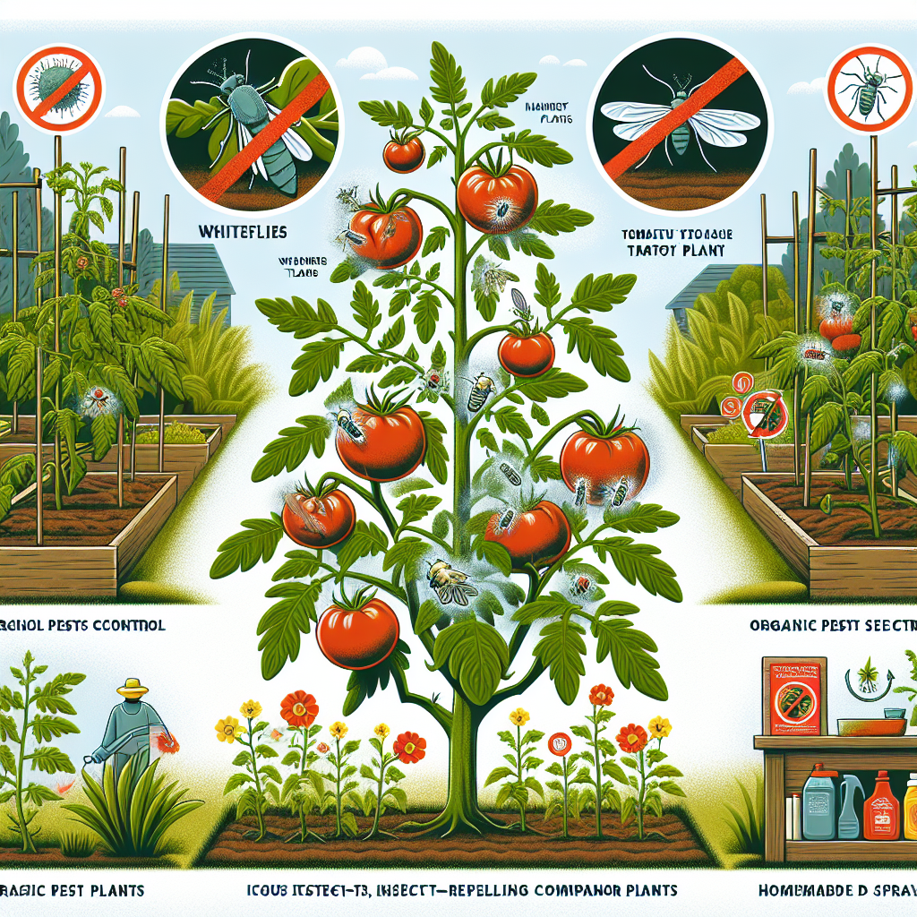 An informative illustration showing how to prevent the infestation of whiteflies on tomato plants. The image features various stages of tomato plants in a garden environment, some of which are under attack by whiteflies. Next to the attacked plants, there are visual signs of danger, communicating the harm they can cause. Another portion of the image highlights healthy tomato plants, displaying the use of organic pest control methods such as insect-repelling companion plants and homemade sprays. The setting is a neat vegetable garden without any human characters, logos, or brand names.