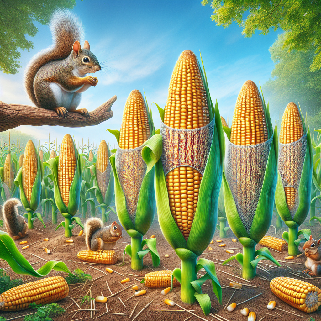 An image focusing on the subject of deterring squirrels from corn cobs. The main scene shows a cornfield under the blue sky, with robust corn plants standing tall. Several healthy corn cobs can be seen, covered with a protective mesh or net material. On a nearby tree branch, a squirrel is sitting curiously, looking at the corns but unable to reach them. No humans, text, brand names or logos are present in the scene.