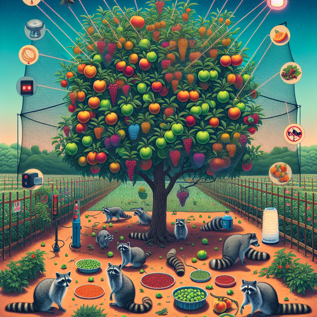 A visual guide on protecting fruit trees from raccoons, focusing on non-human interactions. The centerpiece is a lush fruit tree brimming with ripe, colorful fruits. Surrounding the tree, there are netting and deterrents such as bright lights, noise devices, and scattered chili pepper, all intended to deter raccoons. An assortment of raccoons are depicted at a distance, not interacting with the tree due to the deterrents, thus illustrating their effectiveness. There are no brand names or logos, and no humans present in this vivid and detailed rural scene.