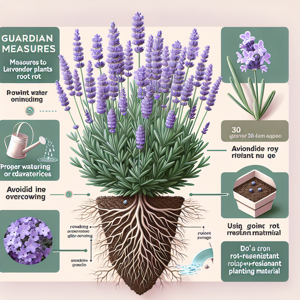 An educational and informative image showcasing measures to protect lavender plants from root rot. Display a healthy lavender plant, exhibiting lush, vibrant blooms, set against a contrasting soft backdrop for a pleasant aesthetic. Schematically illustrate guardian measures - such as proper watering or drainage techniques, avoiding overcrowding, and using rot-resistant planting material. Add a cross sectional view, exposing the healthy root system beneath the surface. Please, be attentive to detail and do not include people, text, brand names or logos in the composition.