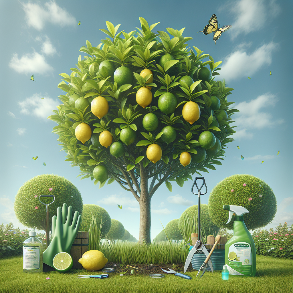 A healthy, green pair of citrus trees devoid of any humans or text. Depict one as a lemon tree, with bright yellow fruits hanging amidst the leaves, and one as a lime tree, with its distinct green fruits. The trees stand in the foreground of the image, under a clear blue sky, with lush green grass wrapping around their bases. They are placed in a well-maintained garden with various blooming flowers. Tools for preventing citrus canker such as pruning shears, gloves, and sanitizing spray are shown nearby, but without any brand names or logos. Occasionally depict a butterfly or a bird approaching these trees, symbolizing their healthy appeal.