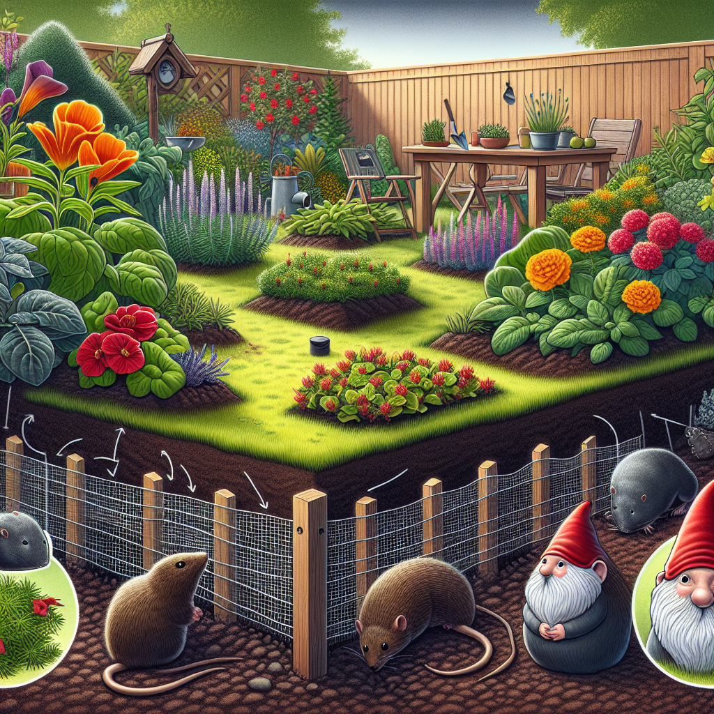 A visually rich and educational image showing an optimal garden setting designed to deter moles and voles. Include various deterrent measures such as strategically placed plants known to repel these critters, a mesh fencing buried deep in the ground, and gnome figurines symbolizing home gardeners' efforts. Add a mole and a vole at the edge of the garden looking disappointedly at the well-prepared defenses denying their entry. Illustrate the scene in a detailed, colorful, and easy to comprehend manner with a daytime setting and vibrant plants absent of any text, logos, or human presence.