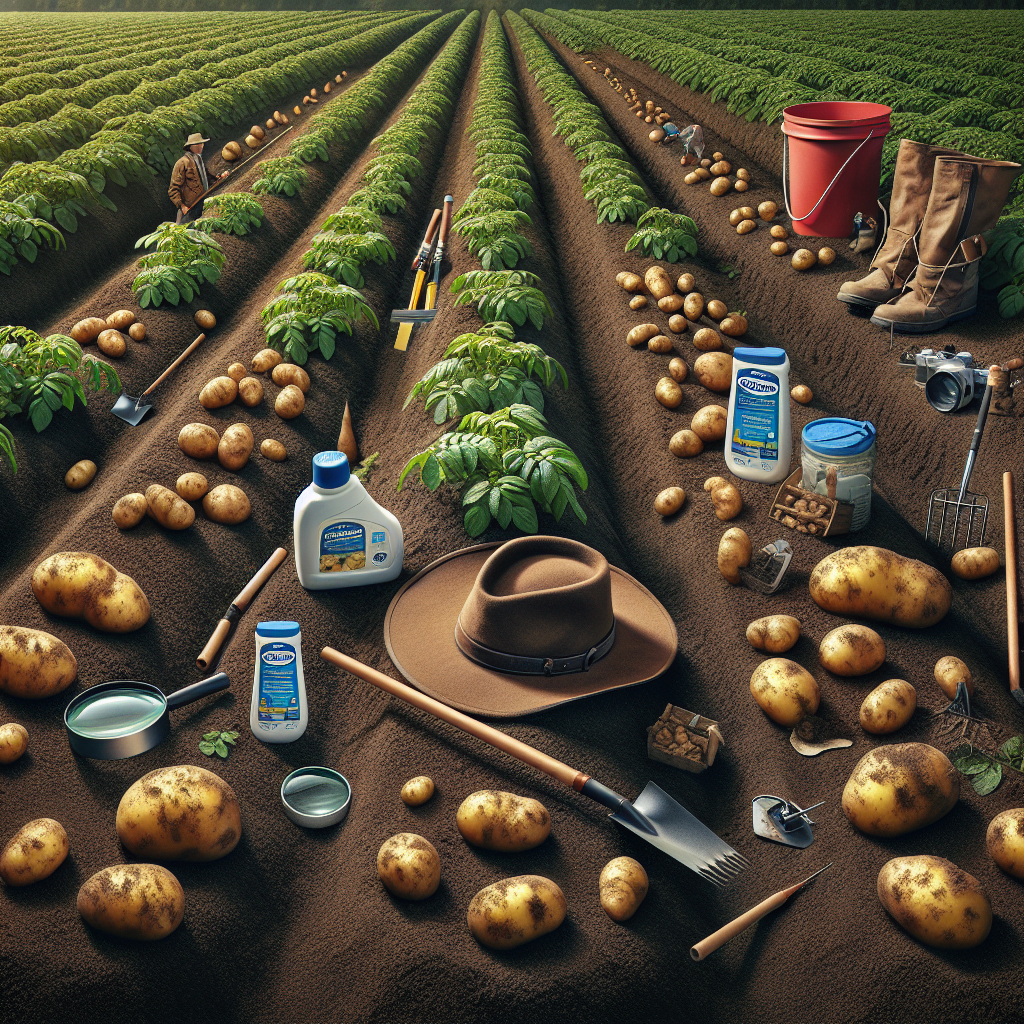 A visual display of agricultural tasks focused on potato blight prevention. The scene takes place in a large potato field, with several close-up views of healthy potatoes in the soil. Nearby, a wide-brimmed hat and a pair of worn-out gloves are discarded on the ground, suggesting the presence of the invisible farmer who's been working there. Instrumentation associated with farming, such as a hoe and a watering can, are also visible. A magnifying glass is seen inspecting the potatoes—symbolizing the invisible observer actively assessing the health of the plants. Also, scattered around are marked containers of organic, non-branded pest control substances.