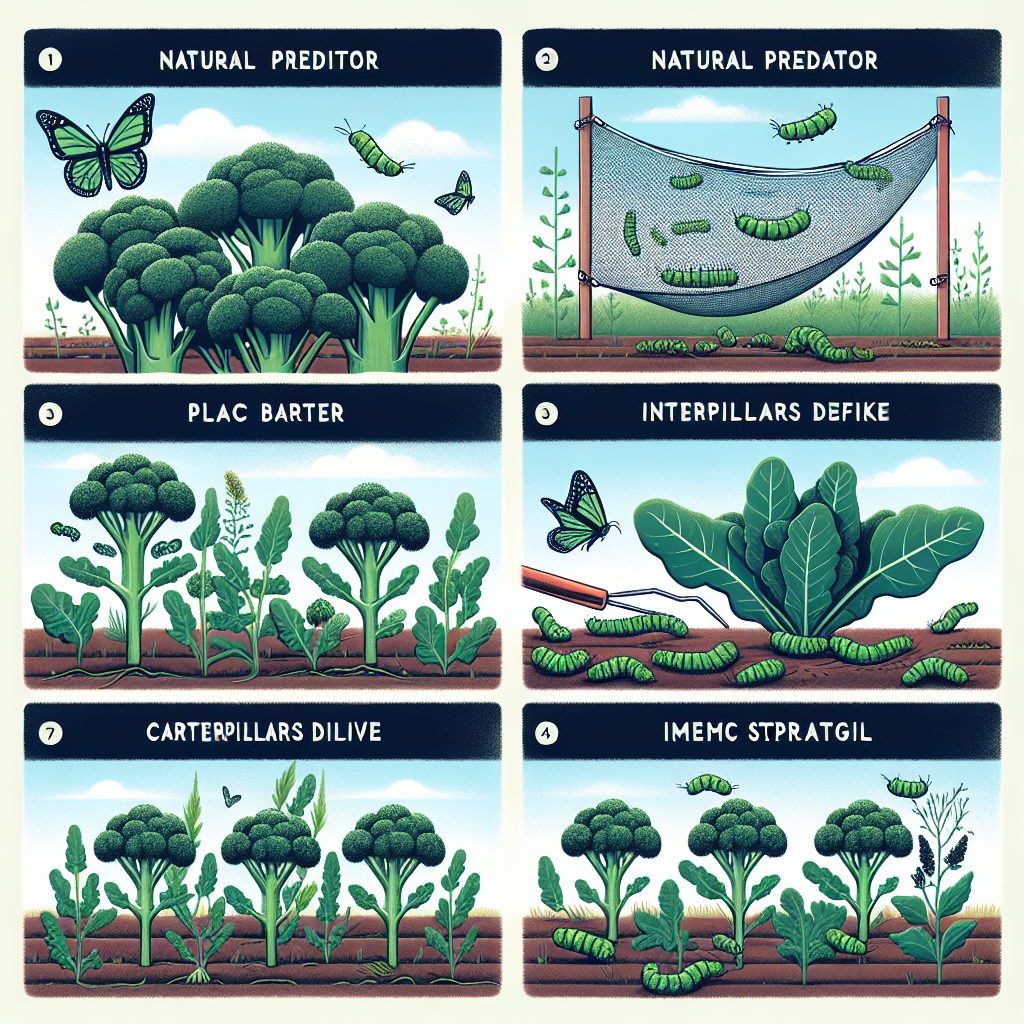 A detailed illustration highlighting different methods of organic pest control to prevent caterpillars from infesting broccoli plants. The image, devoid of any brand names and text, sets in a vegetable garden. One section shows a natural predator, such as a bird. Another section displays a barrier, like a net, draped over a broccoli plant, preventing caterpillars from reaching it. A third section highlights interplanting strategy, placing plants caterpillars dislike, such as mustard or radish, among broccoli plants. Lastly, another segment demonstrates manual removal of caterpillars from a broccoli plant.