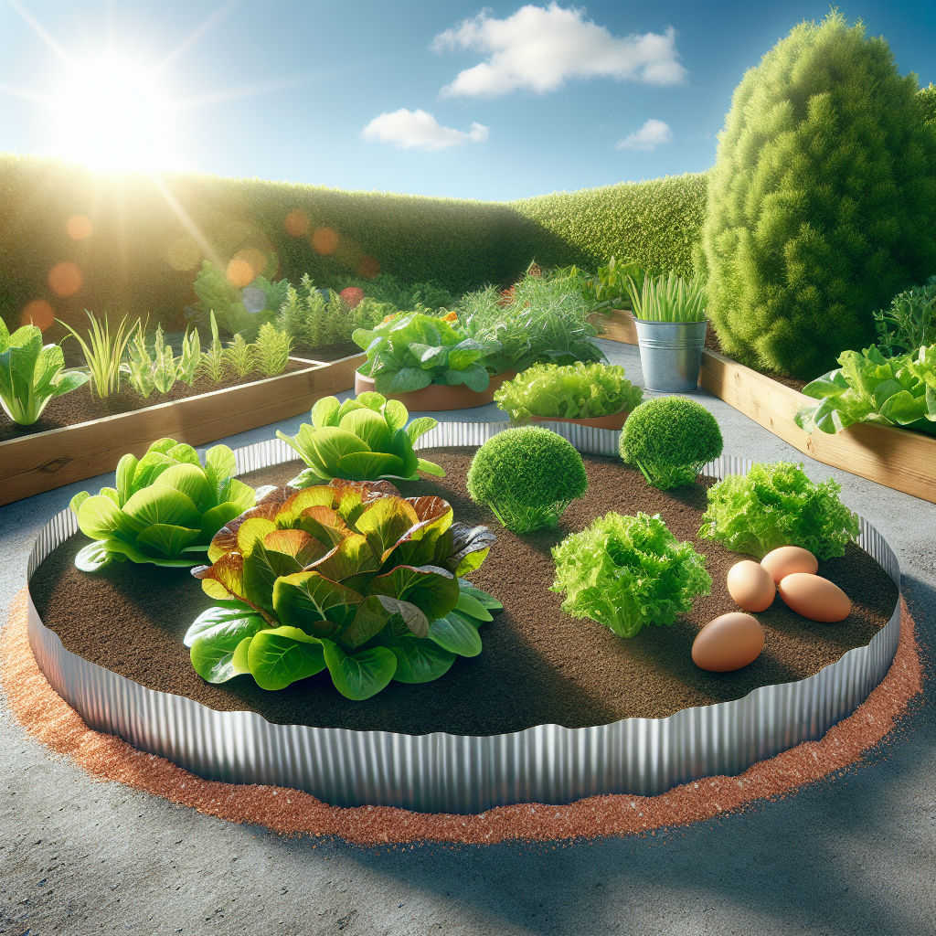 Create a bright and vibrant outdoor image featuring a vegetable garden with a variety of healthy, untouched leafy greens. The garden is protected by a variety of slug deterrent methods such as crushed egg shells and copper tape encircling the garden. The sun is shining in a clear, blue sky and the soil around the plants looks fresh and well-cared for. No brand names or logos should be visible. No humans or text should be included in the scene.