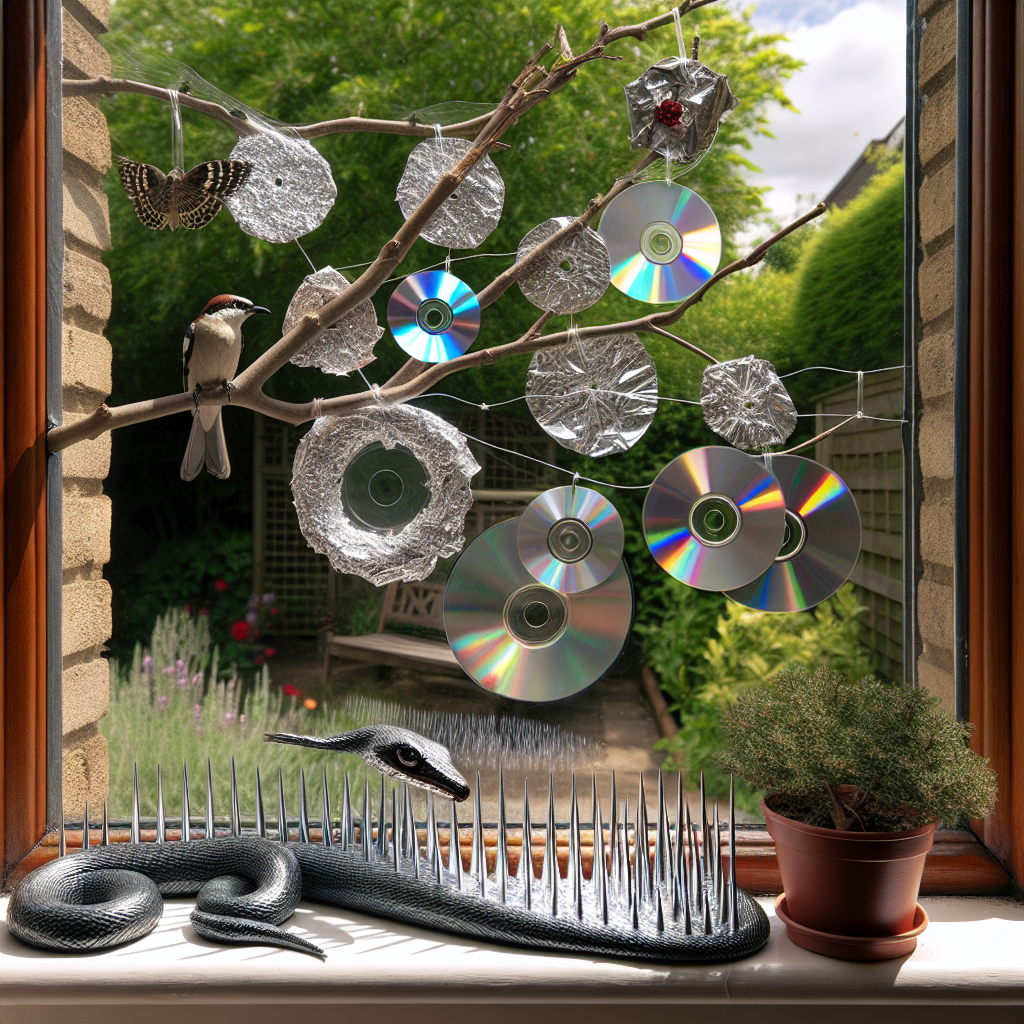 An effective homemade bird deterrent placed near a house window. On the window ledge, there's a line of plastic spikes preventing birds from landing. Next to the window, a tree has shiny, noise-making items such as aluminium foil strips and old CDs hanging from its branches, rustling and reflecting sunlight. On the ground under the window, there's a realistic plastic snake to scare away potential pecking birds. Behind these deterrents, the window reflects the serene garden view, with no signs of bird damage.