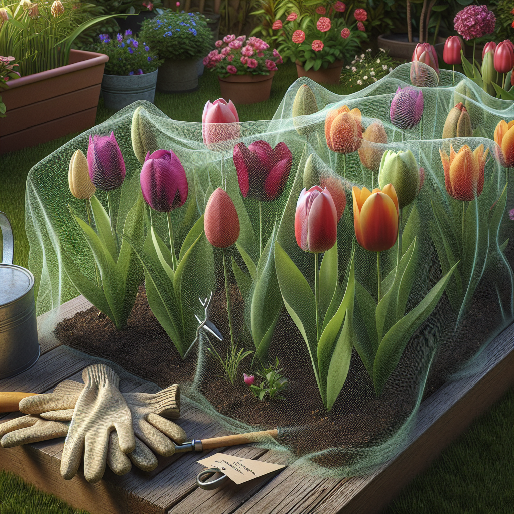 A garden scene showing a variety of vibrant tulips in different colours with a sheer mesh netting loosely draped over them for protection. The netting has a subtle, barely-there quality to it so as not to detract from the beauty of the tulips. Nearby, there are a pair of garden gloves and a watering can, hinting at the care required to keep the flowers healthy. On the side, a small garden sign is present, without any text, which typically indicates information about the plant species or care instructions. The setting is tranquil without any human figures.