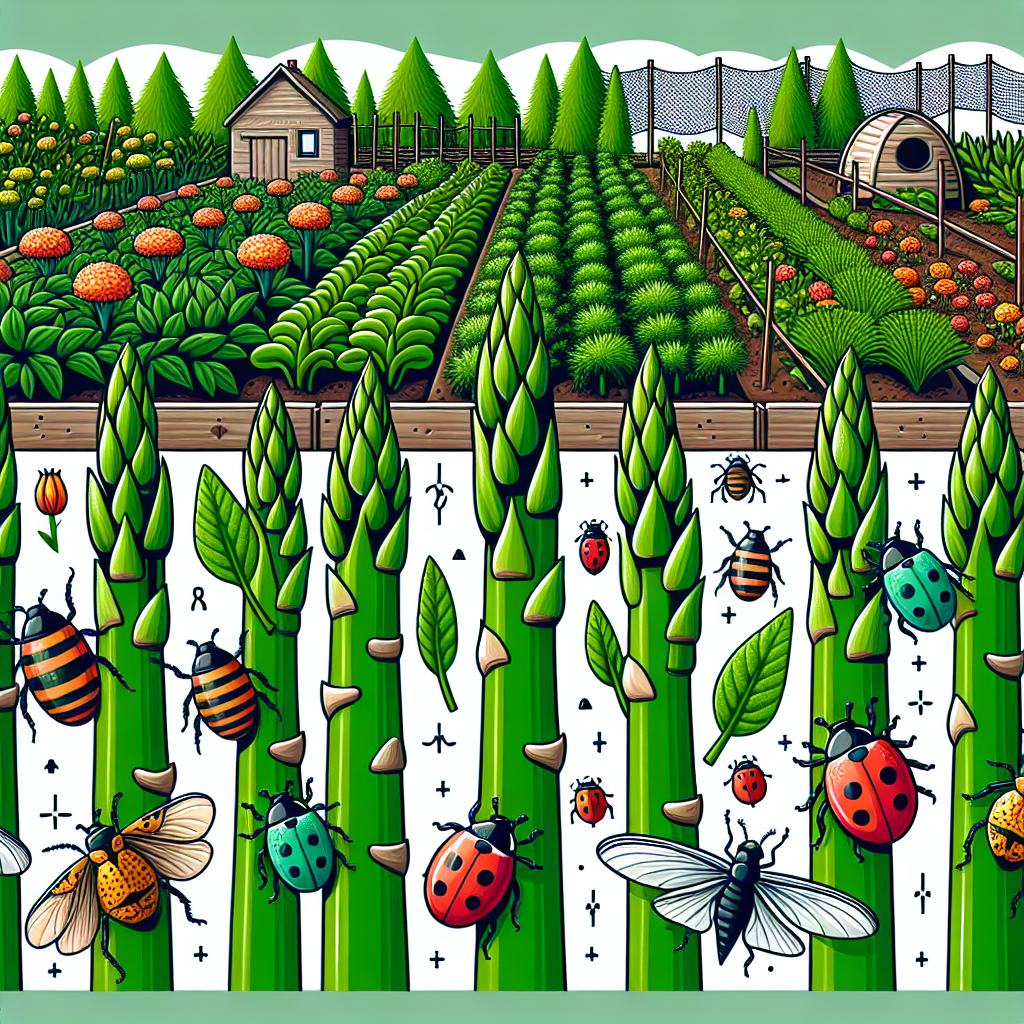 An organic garden scene, showcasing a lush bed of asparagus standing tall among the verdant vegetation. In the view are also multiple benign-looking beetles, utilizing colors that usually symbolize 'caution' or 'danger'. Interspersed between the asparagus stalks are ladybirds, a known predator of such pests. No people, brands, or text are visible. There is evidence of various natural pest control measures like marigolds, netting, and birdhouses.