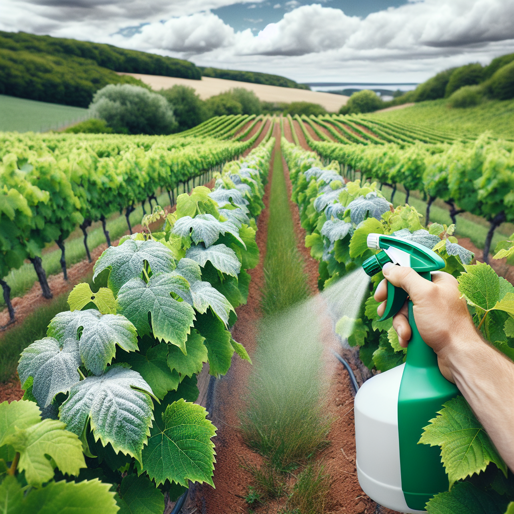 A lush green vineyard with rows of perfectly groomed grapevines. There's a greyish-white powdery substance on some leaves indicating the presence of powdery mildew. Closeby, there's a garden sprayer filled with a clear solution aimed at the affected leaves as if in the process of treating them. The sky is partly cloudy. All these are surrounded by rolling country hills. There are no people or brand names in the scene.