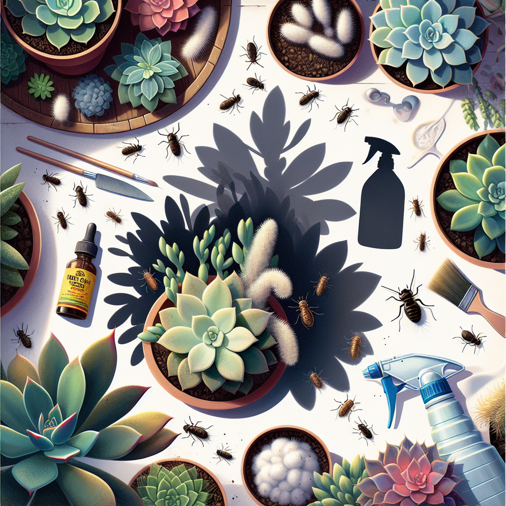 An illustration that would fit for an article titled 'Combatting Mealybugs on Succulents'. The imagery should contain an overhead shot of a collection of various succulents, some perfectly healthy and vibrant, while others are infested with small white, fuzzy bugs, representing the mealybugs. There should be a clear contrast between the two groups of plants. The infested ones show signs of distress such as yellowing leaves and stunted growth. A shadowy image of gardening tools for pest control like neem oil in a spray bottle, a small brush and some cotton swabs should be subtly located in the corner, hinting at the actionable steps for managing the mealybug invasion. Please ensure the image is free of people, text, brand names and logos.