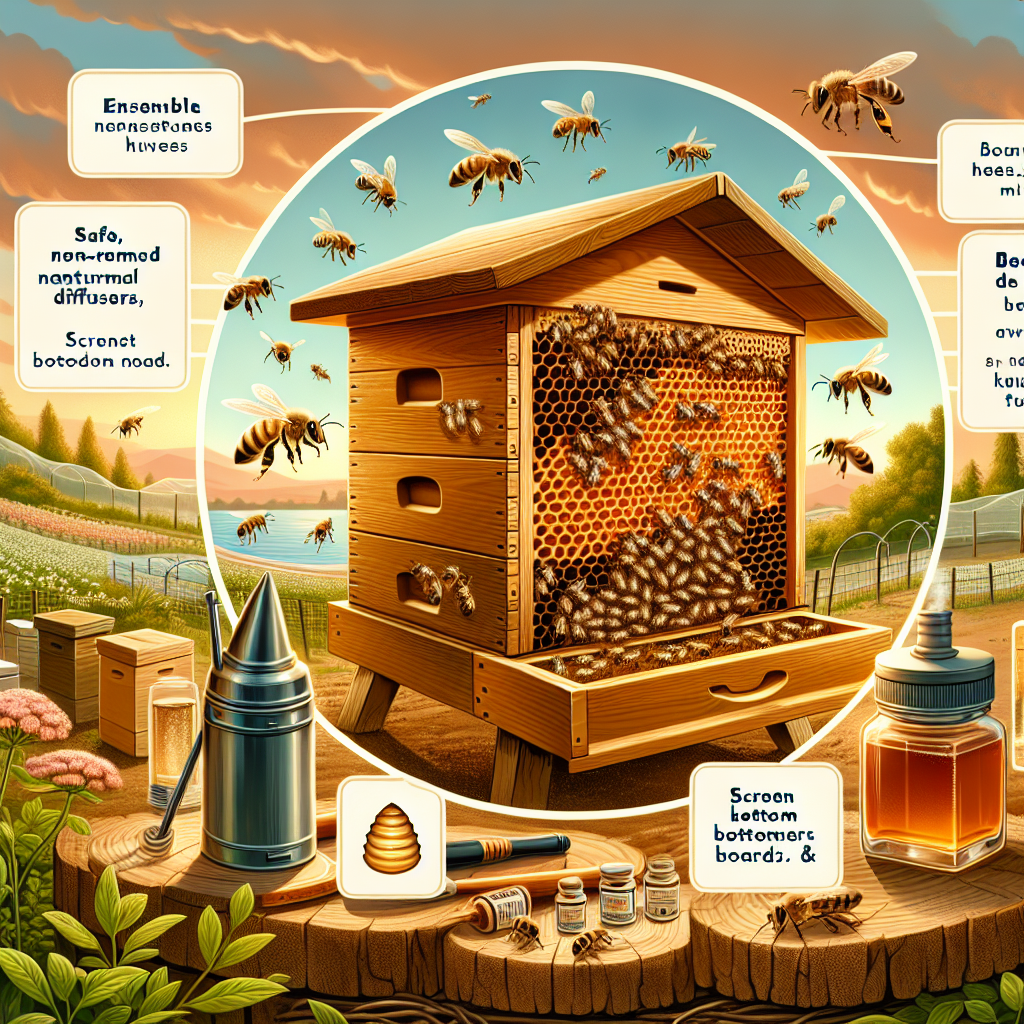 An educational illustration showing a thriving honey bee hive in a natural setting. Beekeeping equipment like a smoker and a hive tool are neatly placed nearby. Several bees are flying around the entrance of the hive, while others are working inside visible through a cross-sectional view. A visual representation of a Varroa mite is shown on the side, significantly larger for educational purposes. Near the mite, depict safe, non-branded natural methods to control its population including essential oil diffusers and screen bottom boards. The image is filled with sunset hues and the peaceful ambiance of a fertile garden.