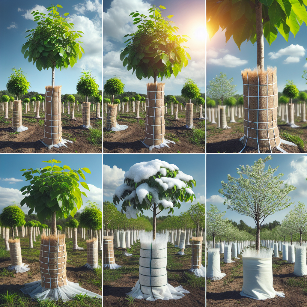 A collection of young trees, with healthy green leaves on a beautiful sunny day. Some of the trees are protected from the sun scald by natural materials like light-colored burlap wraps and white tree guards wrapped around the tree trunks. Whitewash made from a blend of water, salt, and non-toxic clay evenly applied on some other tree barks to reflect the sunlight. These techniques are a symbolic representation of tree care during harsh weather conditions. No humans, text, or brand names are visible in the scene.