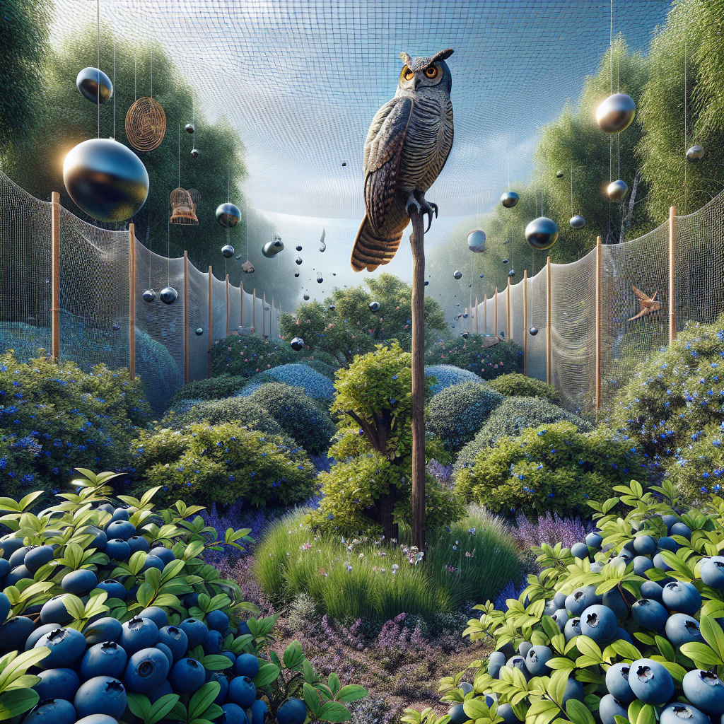 An image showing a lush blueberry garden, surrounded by various natural deterrents that keep birds away. The garden is fenced with thin mesh netting, flexible and blends into the background. There are shinny reflecting objects hanging from nearby trees, moving in the wind. An owl decoy is perched on a post, looming over the blueberry bushes. All elements are carefully arranged not to overshadow the beauty of the blueberry bushes heavy with ripe, blue berries. The sky above is clear, adding to the serene and kept nature of the garden. No people, text, or brands are included.