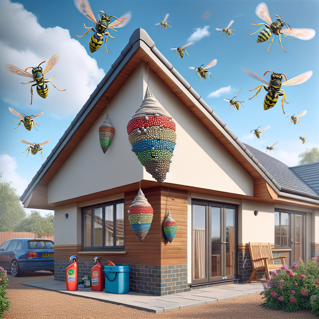 A vivid visualization of a suburban home with a gently sloping roof and prominent eaves; under these, hanging, colourful, non-branded faux wasp nests have been placed as a deterrent. Several wasps are seen in the air, but rather than making their way towards the eaves, they're veering away from the house. Tools used for wasp deterrence like a sprayer with natural insect repellent are present and unbranded. The sky is blue and clear, suggesting a warm, peaceful day without any human figures around.