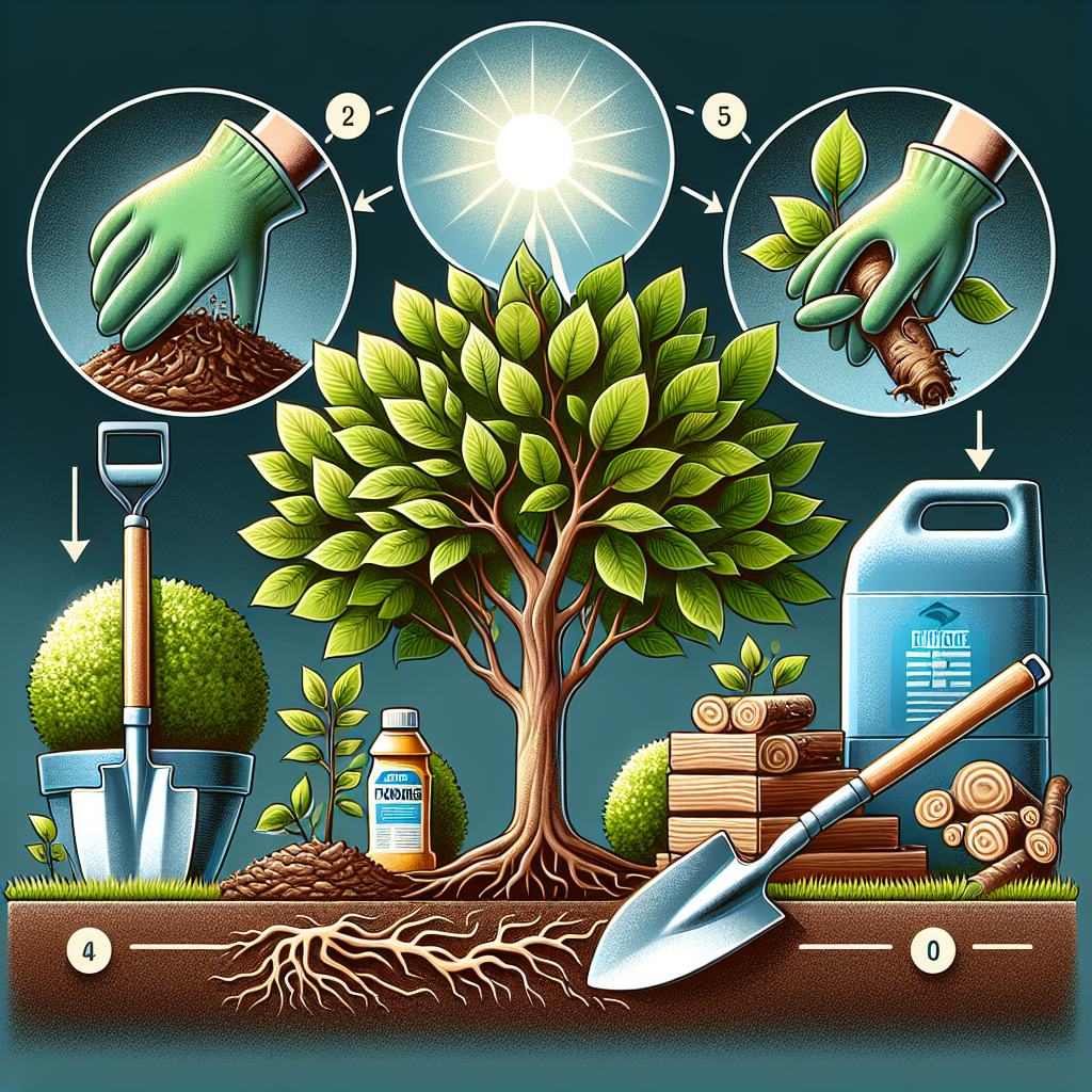 Image featuring the process of preventing Armillaria Root Rot in garden trees without any text or human presence. The image captures the stages of care to avoid the disease. On one side, there are healthy garden trees with vibrant, green leaves under the sun. Towards the center, a pair of garden gloves and fungicide are arranged next to a small pile of wood chips mulch. On the other side, a spade digs around a tree protecting it with a layer of mulch. All items are free of logos and brand names.