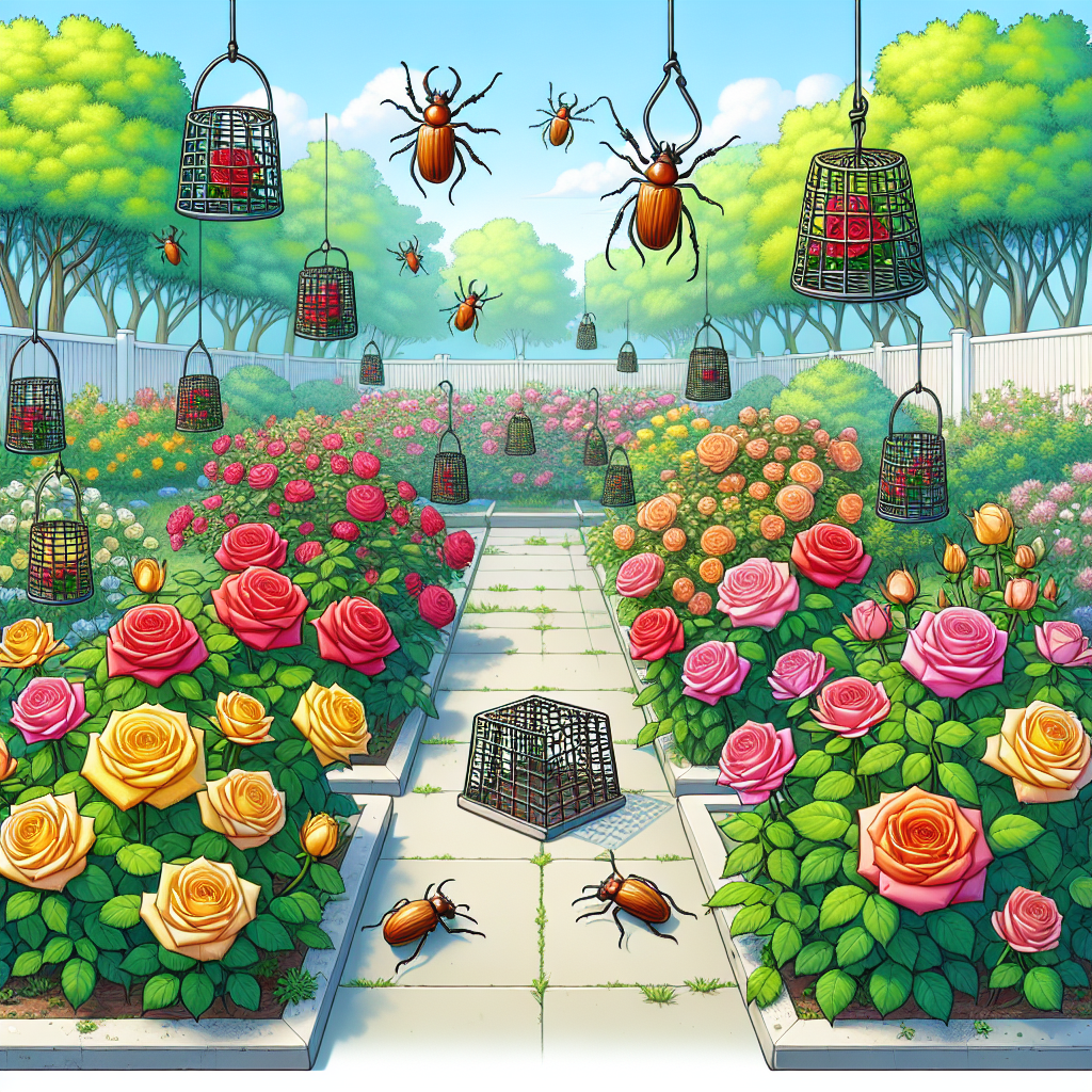 Visualize a detailed, serene garden scene featuring healthy, vibrant roses of different colors in full bloom. Scattered around the garden are traps, catching Japanese beetles mid-air, preventing them from reaching the roses. The traps could be designed with the appeal of a garden ornament with no identifiable text or logos. Make sure this garden is free of people and any brand indications.