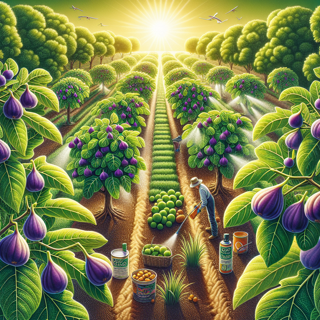 A vivid and detailed scene of a luscious fig orchard in the midst of summer. Sun is glowing above, casting gentle shadows on bright green fig trees laden with ripe, purple-hued figs. For a sense of protection, depict an array of organic practices for preventing fig rust. Illustrate copper sprays being applied on the leaves, and mulch scattered around the base of the trees to avoid any soil borne infections. Bird's-eye view, without any people, logos, brand names or text in sight.