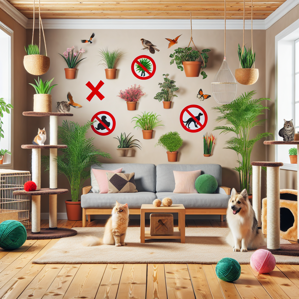 A room with various common house plants, some marked with a red cross to symbolize toxicity. There are also various pets such as a cat, dog, and a bird roaming freely but avoiding the marked plants. The furniture in the room gives the impression of a warm, pet-friendly house, with scratch posts, balls of yarn, and pet beds. Remember to not include any text, brand names, or people in the image.