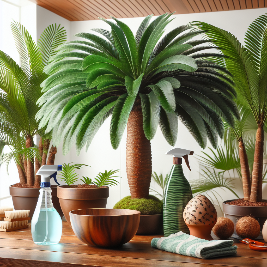 A picture showing an indoor scene with some large, healthy indoor palm trees, showing no signs of pest infestation. The palm trees are of different varieties, adorned with glossy, bright green fronds which elegantly arch outwards. Aside from the palms, there can also be seen some organic and natural pest control methods used for preventing red spider mites. This could comprise of a spray bottle filled with water, a bowl filled with natural soap solution, and a cloth for wiping the leaves. But remember, any textual descriptions on these items, like brand names or instructions, should be absent.