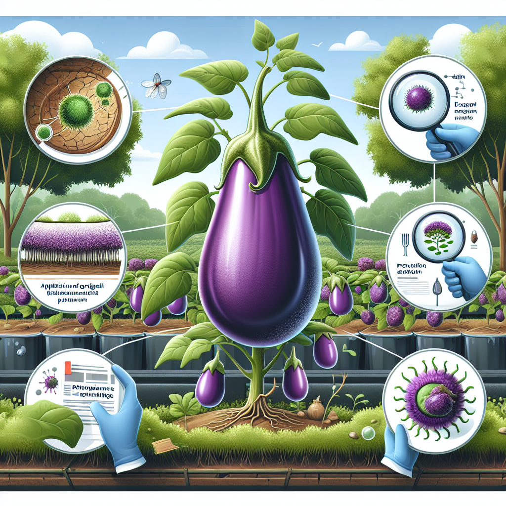 An image demonstrating the process of protecting eggplants from Verticillium Wilt. The scene includes healthy eggplants in a lush green garden. A magnified view to show the Verticillium fungi affecting a plant can also be seen. Additionally, there are visual indications of preventative measures like application of organic matter near the plant's root, usage of personal protective equipment like gloves, and the careful handling of infected plants, all without the presence of human figures. No text, brand names, or logos are present in this visual explanation of safeguarding eggplants.