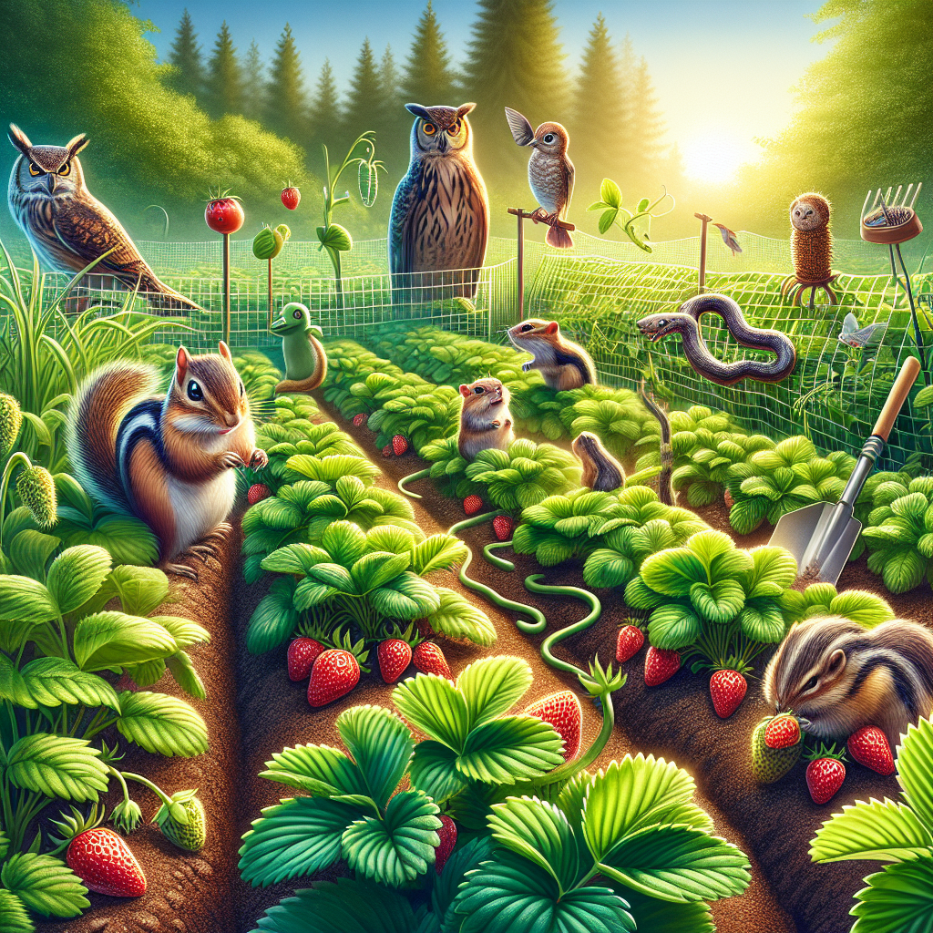 An image showcasing a verdant strawberry bed in a lush garden. Active creatures, resembling chipmunks but not exact, are visibly deterred, their faces showing confusion and interest as they encounter various natural deterrents like sprigs of strong-smelling herbs (such as mint or garlic), and faux predator figures, like a plastic owl or snake. Nearby, a wire mesh cover is partially rolled out, symbolizing a physical barrier. The atmosphere is vibrant and optimistic, imbued with morning light.