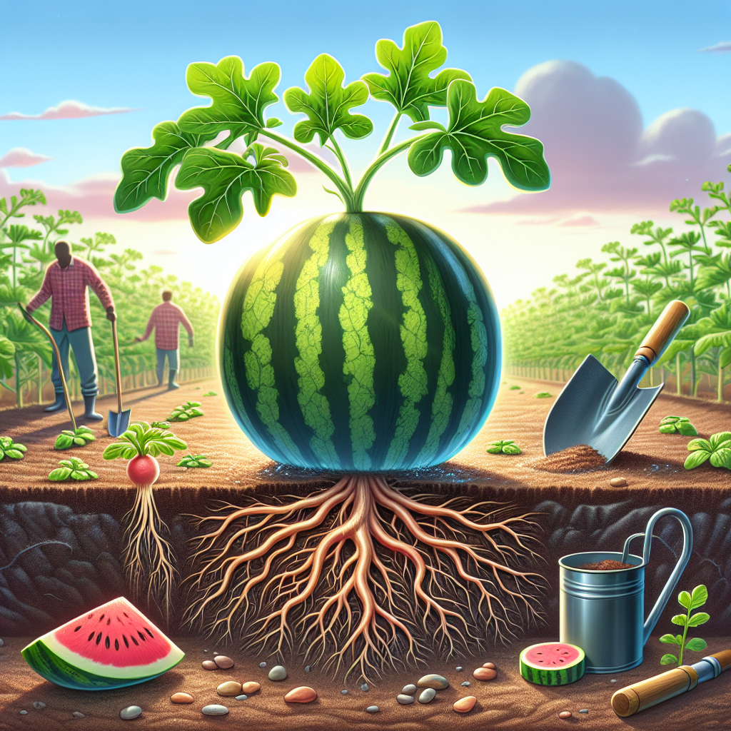 An image representing the topic of preventing root rot in watermelon plants without text or brand names. The scene should ideally feature a thriving watermelon plant in a well-maintained field, surrounded by obvious signs of good agricultural practices such as a rich and healthy soil, and maybe some gardening tools or organic fertilizers nearby. An illustration of a healthy root system should be visible, showcasing strong, resilient roots, which stand as a symbol of successful mitigation of root rot. The watermelon plant and the roots are the main focus of the image, which is set during daytime with a pleasant, warm weather.