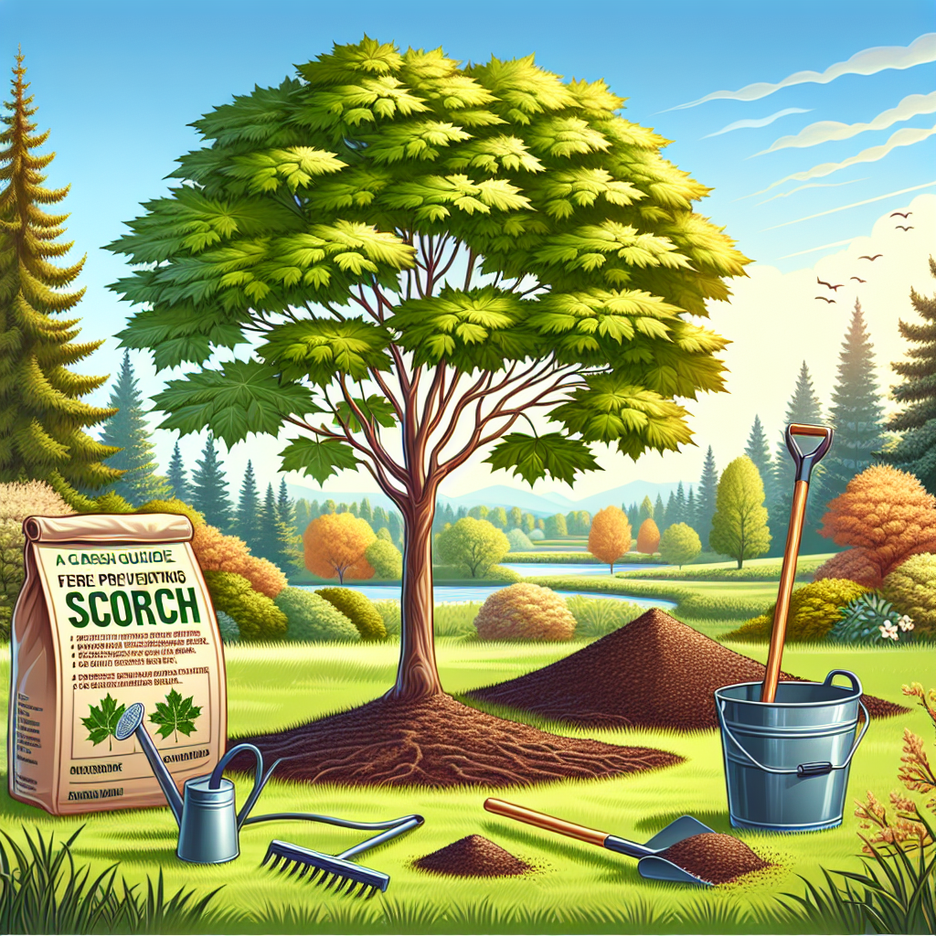 An image representing a care guide for preventing scorch in maple trees. The scene includes a lush and thriving maple tree with broad green leaves in the foreground. Surrounding the tree are details to illustrate care, such as a watering can and a rake, but without people.pic Besides them is a bag of generic, unbranded mulch. The soil near the tree trunk looks rich and freshly cared for. In the background, a serene nature scene with diverse trees and a clear blue sky is depicted. All details indicate the tree's health following the use of the guide principles.