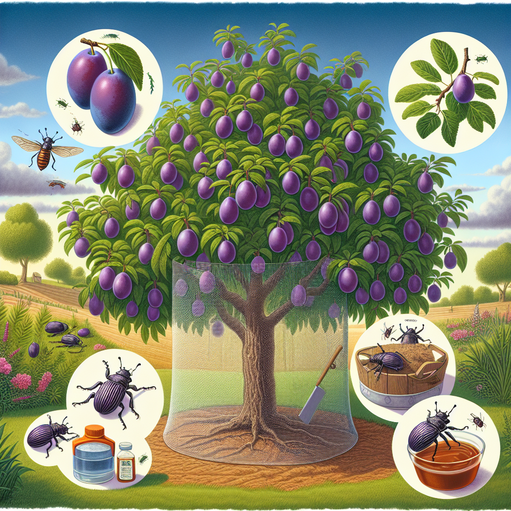 An informative illustration representing the protection of plums from Plum Curculio Beetles. In the foreground, we see a lush plum tree laden with ripe, inviting purple fruits. Various organic protection methods such as a layer of fine netting around the tree, and a dish of homemade beetle repellent solution are in place around the tree. The marauding plum curculio beetles, identified by their characteristic weevil shape, are just on the outskirts of the image, attempting to reach the tree but held at bay by these deterrents. The background presents a bright, calm day wherein this preventive measure is being taken.