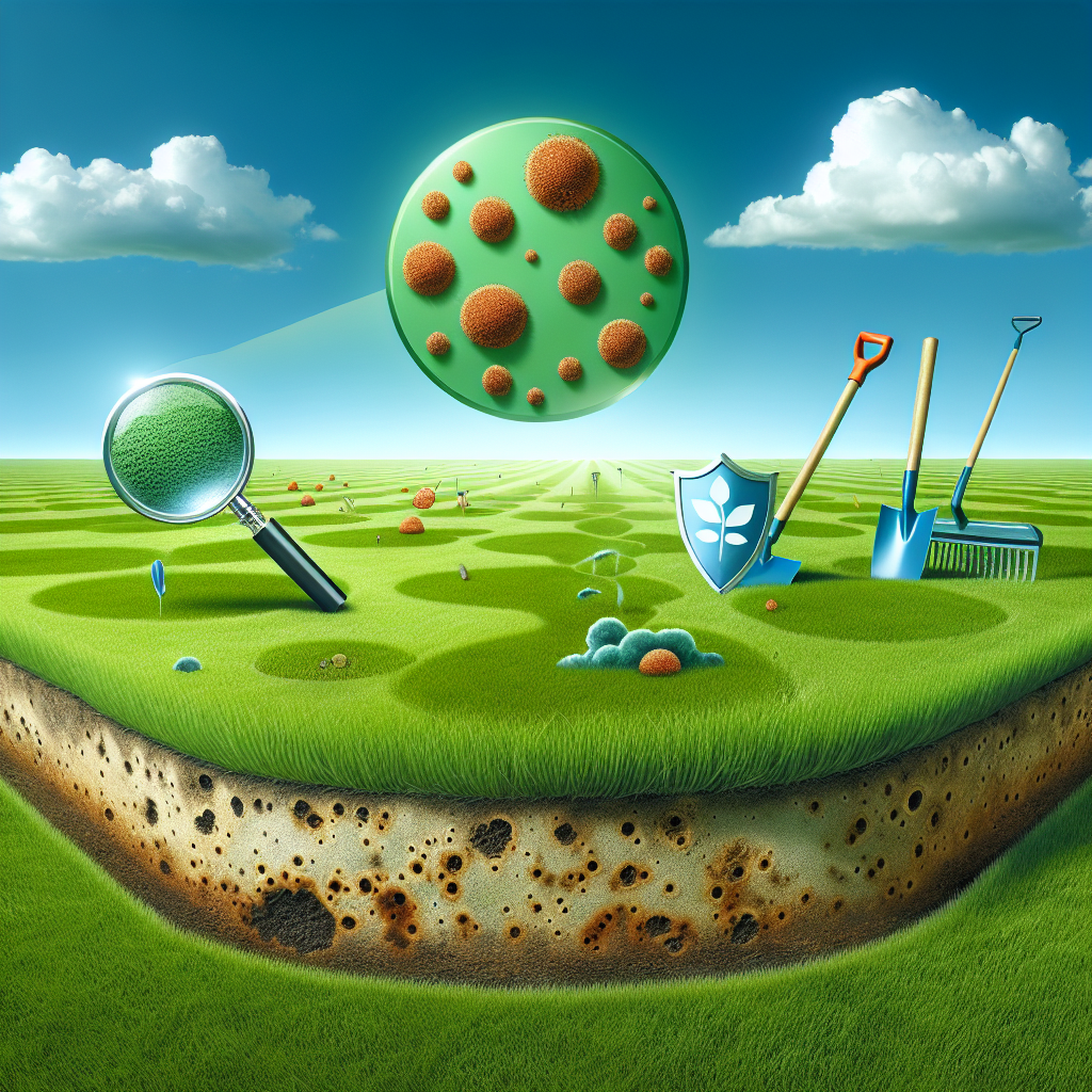 A healthy, lush expanse of green lawn grass under a bright, clear sky. Within this landscape, there is an area marred by brown patches, representing the symptoms of fungal disease. To one side, there is a symbol of potential threat - a magnifying glass focusing on fungus spores floating in the air. On the other side, there is a symbol of defense - a shield representing protection and care, emblazoned with gardening tools like a rake and sprinkler. The scene implies the constant battle with fungal disease for maintaining a perfect lawn.