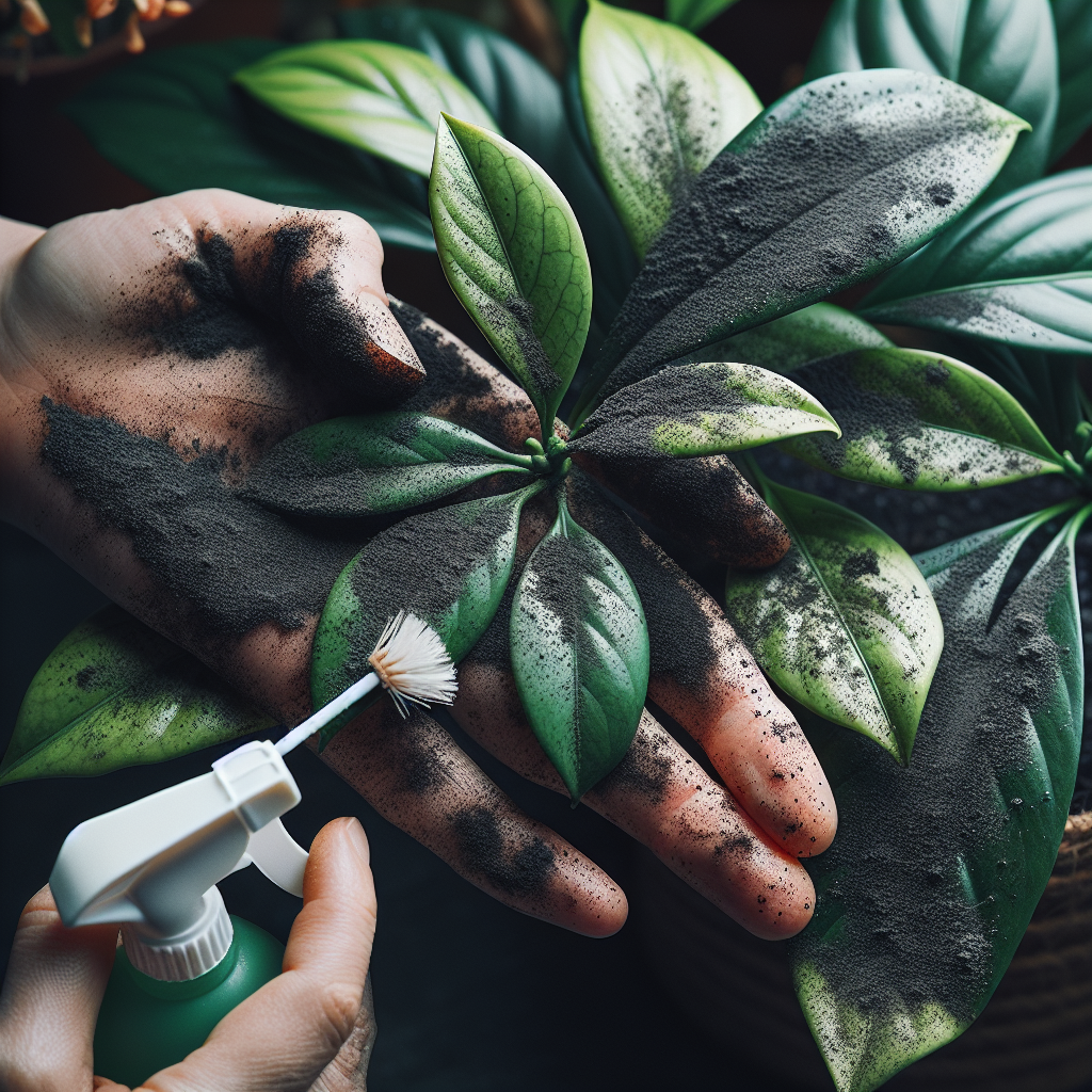 A closeup image of Gardenia leaves covered in a thin coating of sooty mold. The dark and dusty mold is disrupted at multiple spots, revealing the vibrant green color underneath. In few areas, natural materials such as a small soft brush and a plant-friendly soap solution in a sprayer bottle can be seen being used to combat and remove the mold. The atmosphere feels serene and lush, emphasizing the beauty of the gardenia plant. The background contains a soft focus view of a beautiful, healthy garden reassuring the efficacy of the treatment being used.