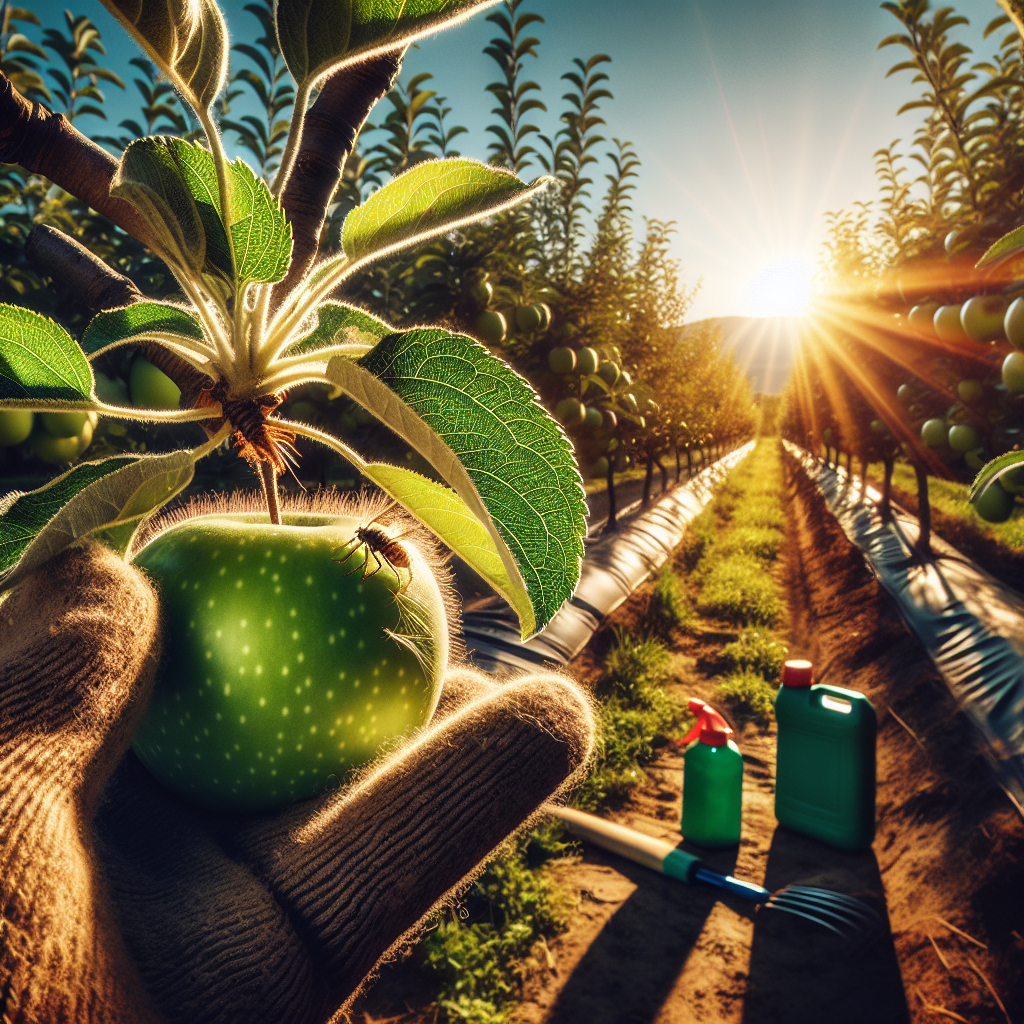 An apple orchard under bright blue skies during the late afternoon. Sun rays filter through the apple tree leaves, casting interesting shadows on the ground. A close-up shows a healthy-looking apple on a branch, free of woolly apple aphids. In another corner of the image, there's a pair of gardening gloves and a natural organic pesticide spray, indicating the care taken to maintain the orchard. No signs, logos, brand names, or people are present. There are no textual elements in the image, maintaining the focus on the orchard and pest prevention efforts.